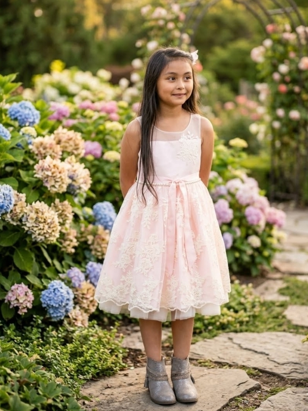 Pink Lace Dress floral with pearl waist.